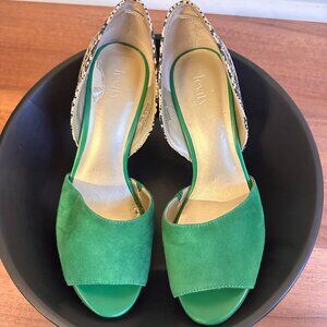 Green Suede & Black Geometric Print Heels – Size 8